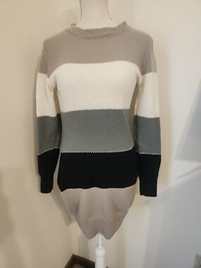 SHEIN Neutral Striped Crewneck Sweater Dress - Beige, White, Gray, Black